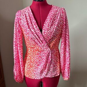 NWOT 💝 BCBG MaxAzria Pink and Orange Heart Silk Wrap Blouse Sz XS